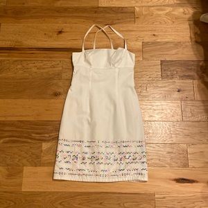 Spaghetti strap white dress with colorful embroidered border
